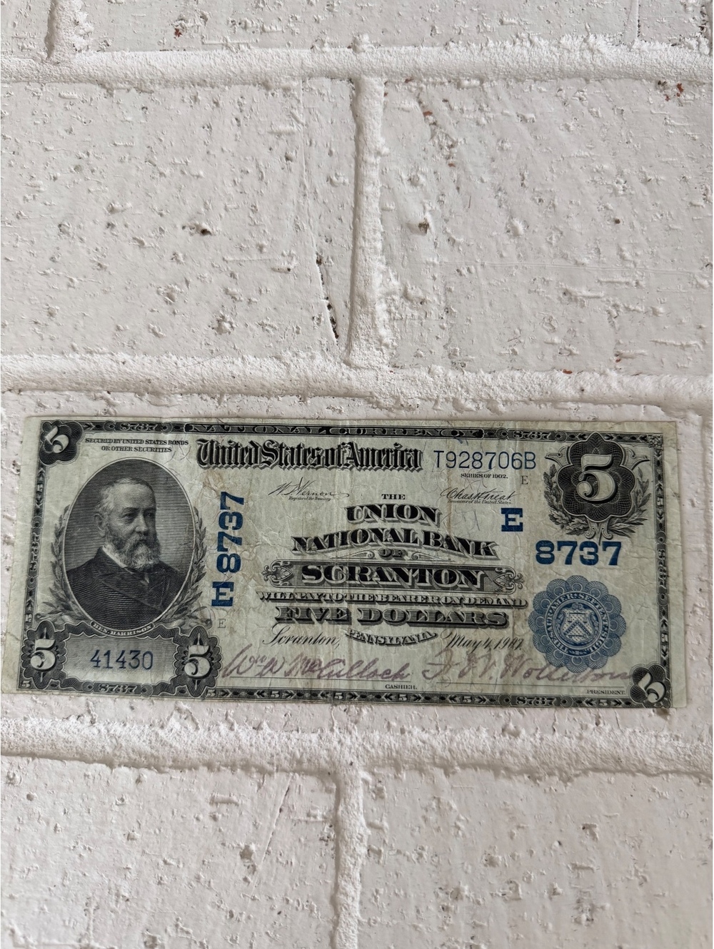 Vintage Union National Bank Scranton $5 National Currency Note